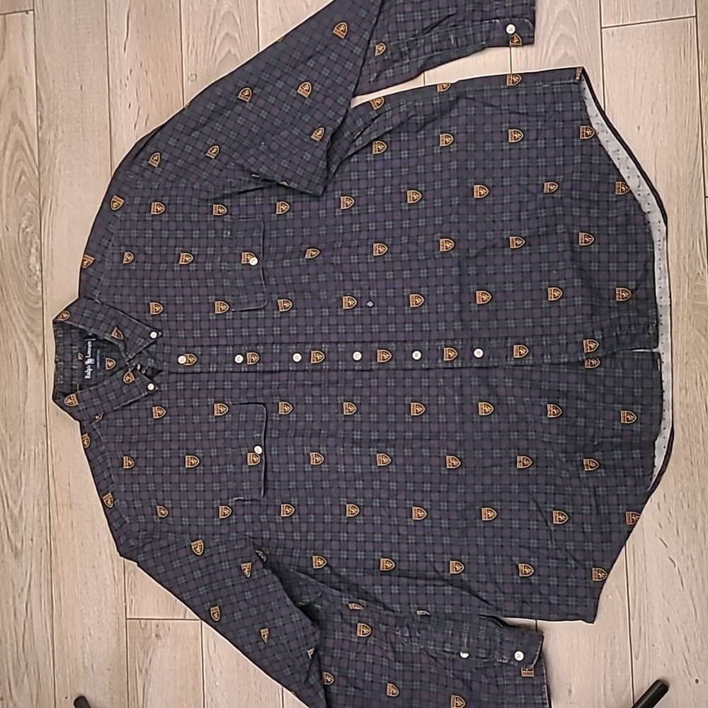 RALPH LAUREN Crest Green Gold Plaid Cotton XXL Mens Long Sleeve Shirt 90s RARE - Picture 6 of 9